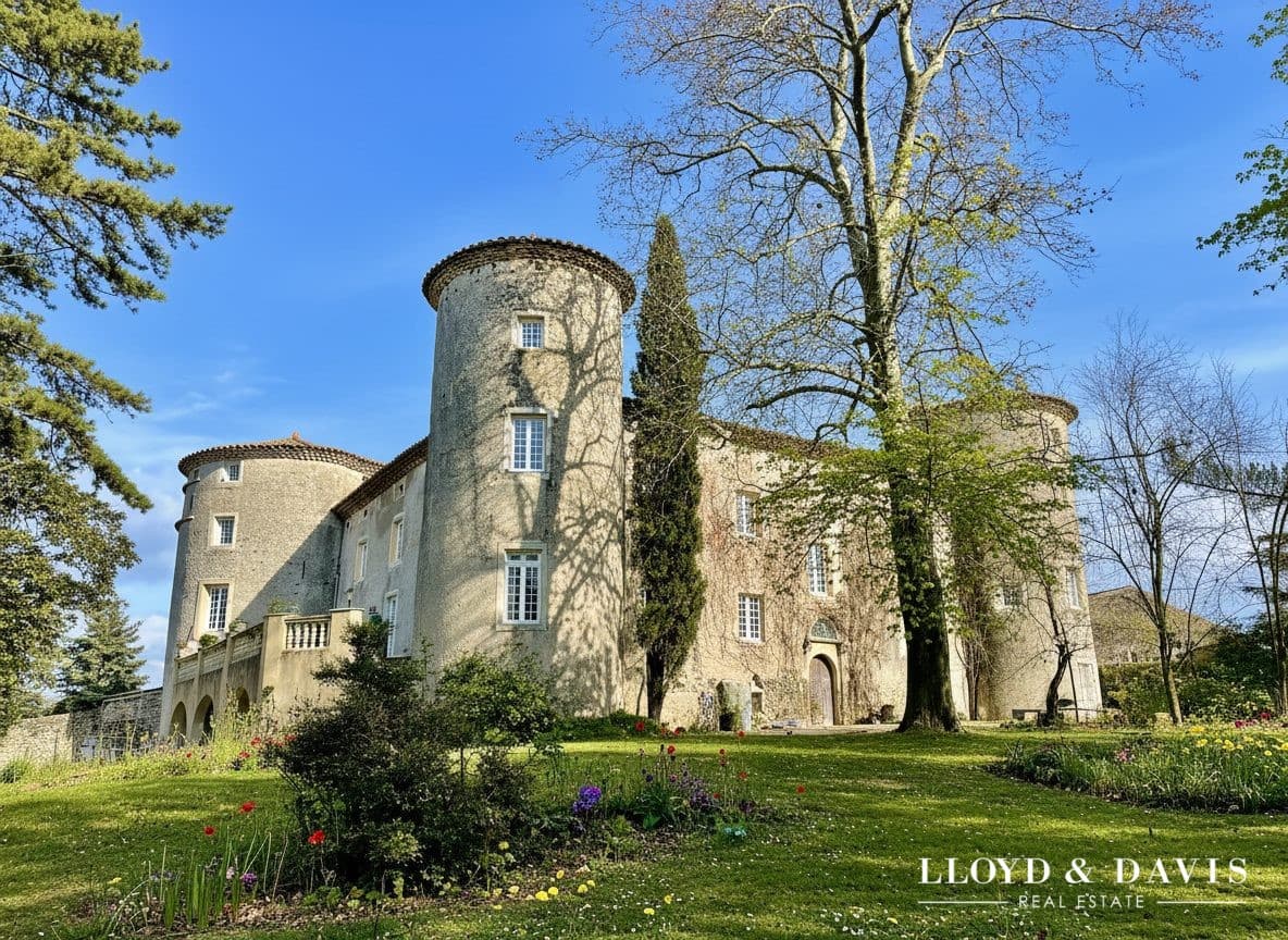Medieval Castle With Towers And Swimming Pool Overlooking The Ardèche Mountains — in France